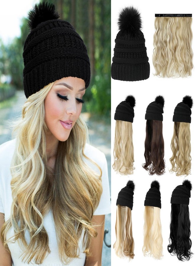 Lansigreen Hat Wig Beanie Hat with Hair Long Wavy Extensions Knit Pom Pom Hat Attached 20" Synthetic Removable Hairpiece for Women Winter Ash Blonde Mix Bleach Blonde - Image 1